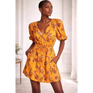 A.L.C. Mia Dress 0 XS Yellow Paisley Mini Puff Sleeves Drawstring Waist Pockets